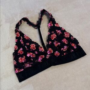 PINK Victoria's Secret Black and Pink Floral Lace Bralette